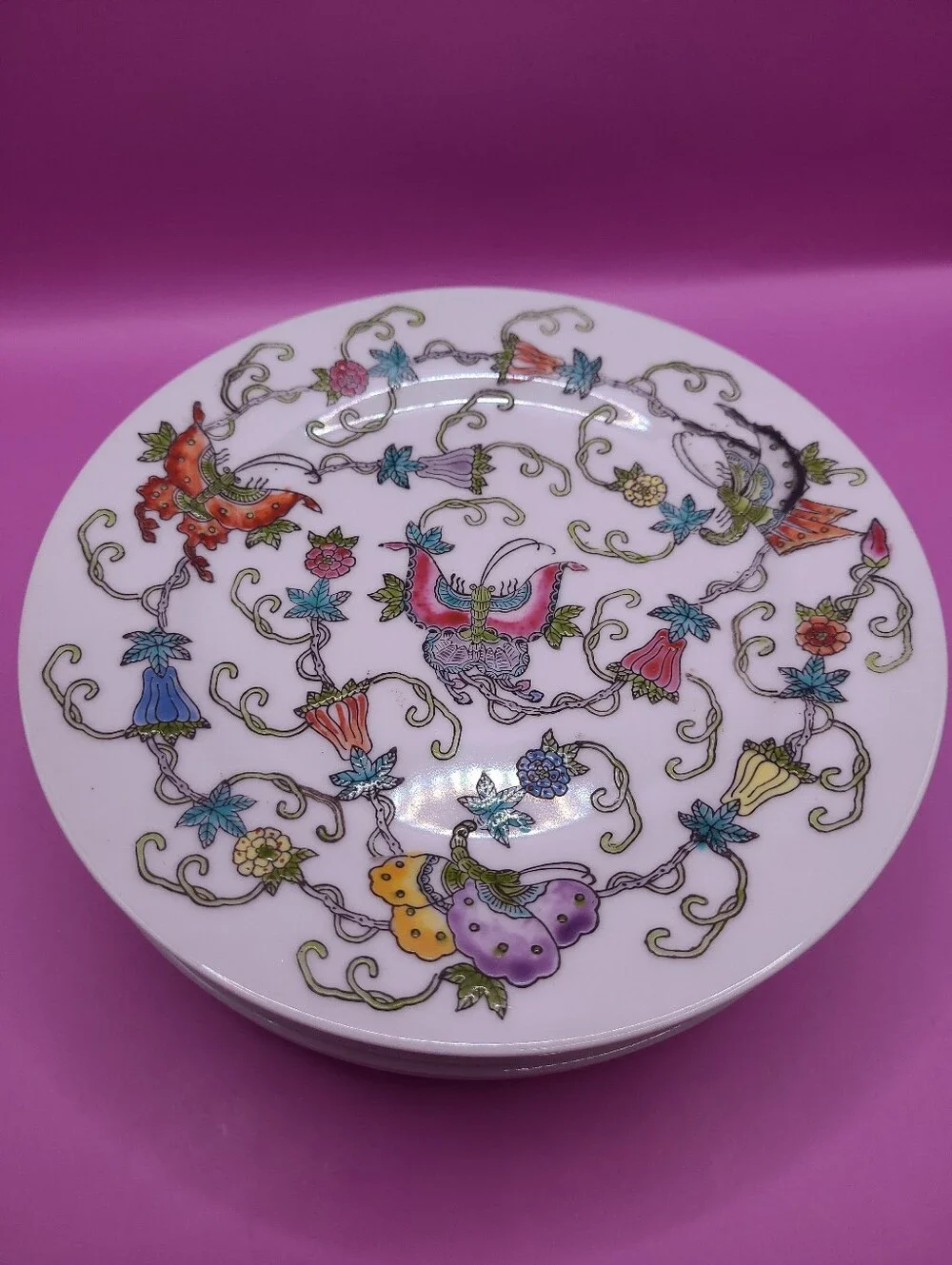 Mid Century Jingdezhen Zhongguo Butterfly Flower Salad Plate Set 5 Hand Painted